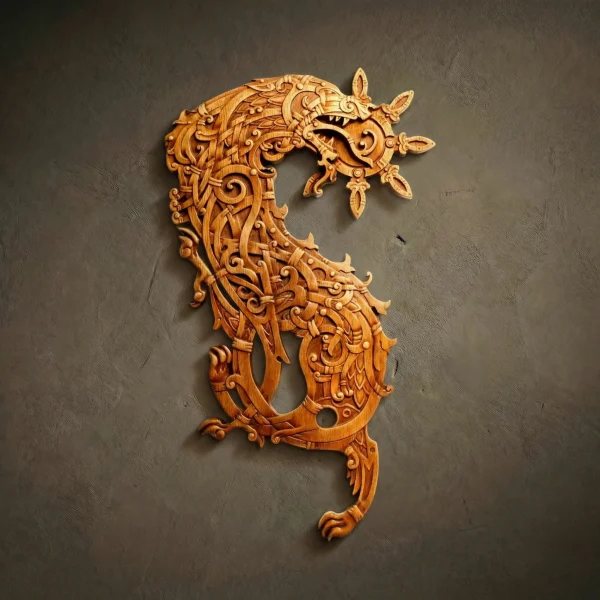 Iroko Wood Carved Fenrir Wolf Wall Hanging, Norse Viking Decor