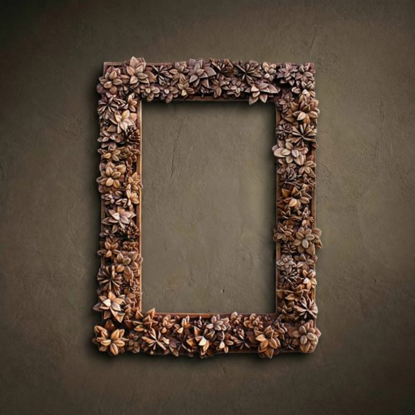 Rectangular wall frame hand-carved from solid Iroko hardwood, featuring a dense and realistic succulent and floral relief. The design showcases intricate botanical details, imitating the lush texture of a vertical garden. Finished with natural oils to highlight the warm golden-brown tones and organic grain of the Iroko wood. A high-end artisan frame for luxury mirrors or botanical art.