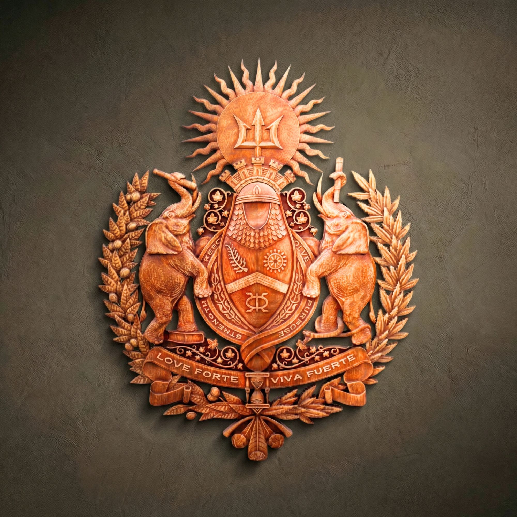 Custom hand-carved Iroko wood heraldic masterpiece. This intricate bespoke relief features two realistic elephants as shield supporters, a central oval emblem with a fern leaf and solar wheel, and a sunburst with a trident at the top. The design is framed by a lush laurel wreath and multiple scrolls with motivational mottos including "Love Forte" and "Viva Fuerte". Finished with natural wax to accentuate the complex textures. A premier example of luxury custom family crests and high-end wooden wall art.