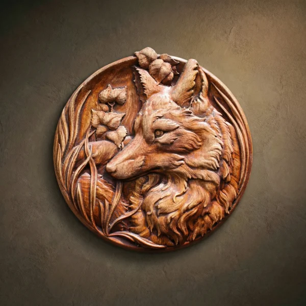 Iroko Wood Fox Carving - Rustic Wildlife Wall Art