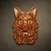 Masterpiece 3D wood carving of a Celtic Fox spirit animal, hand-sculpted from premium Walnut wood by master Oleg Krotko at his Forged in Wood studio. This artisan sculpture features a symmetrical fox head portrait intricately woven with Celtic knotwork patterns across the forehead and chest, blending realistic fur textures with ancient symbolism. A luxury statement piece of animal totem art, perfect for high-end rustic cabins, private studies, or as a meaningful gift for nature lovers.