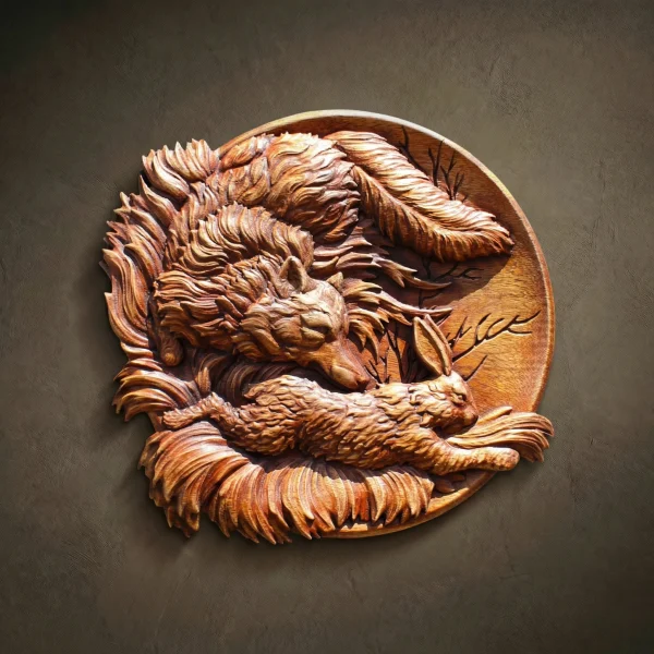 Iroko Wood Carving - Fox and Hare Rustic Wall Art