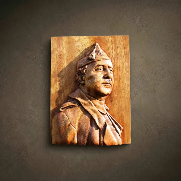 Francisco Franco wood carving, Iroko wood portrait of the Spanish General. 3D historical relief, military wall art, collectible hardwood plaque with natural finish.