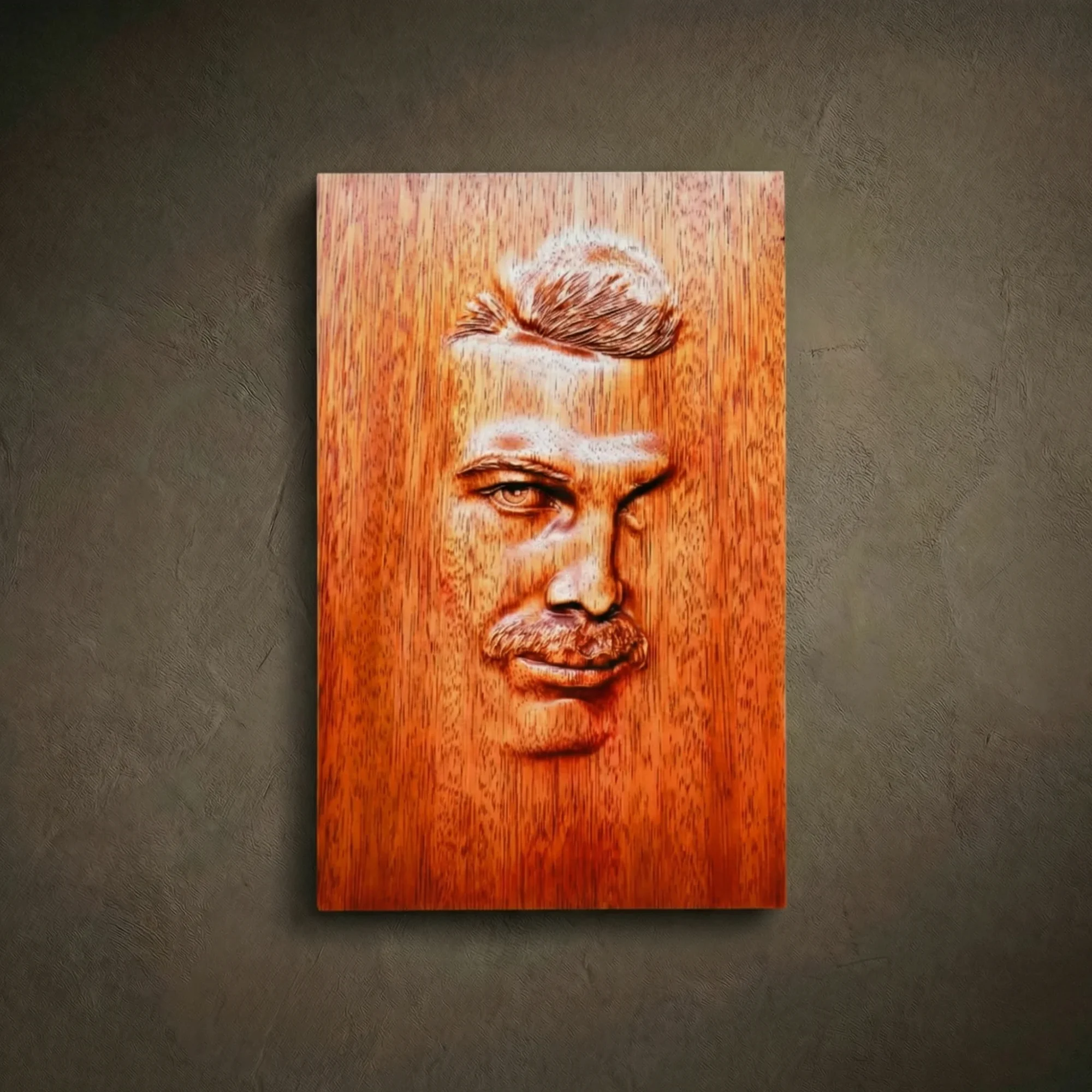 Custom hand-carved Iroko wood portrait relief. This personalized wood carving features a realistic male face with high-detail hair and mustache textures, finished with natural oil to highlight the grain. An example of a bespoke 3D wooden portrait from a photo, perfect for unique custom-made gifts and commemorative wall art.