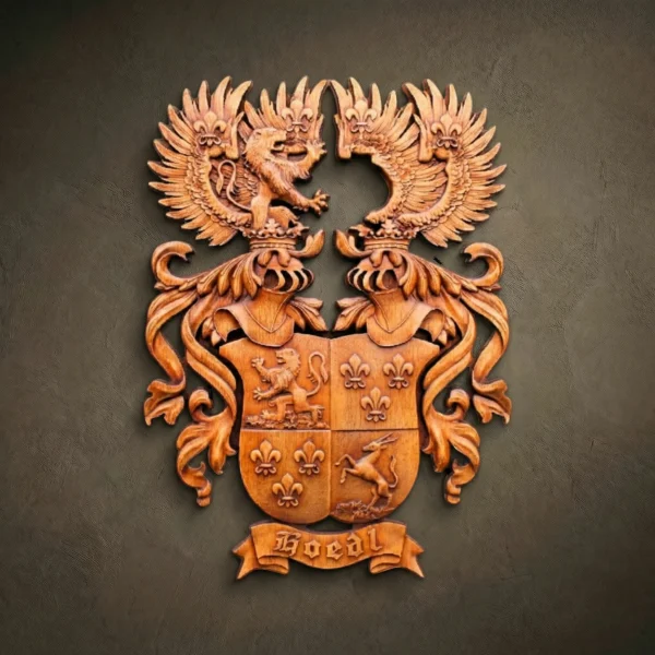 Custom hand-carved Iroko wood family crest for the name "Goedl". This elaborate bespoke heraldic relief features a dual-crest design with two knight's helmets topped with a lion and winged motifs. The shield is quartered with symbols including a rampant lion, fleurs-de-lis, and an antelope. Finished with natural wax to highlight the premium grain. A masterpiece of personalized family heritage and luxury custom wood heraldry.