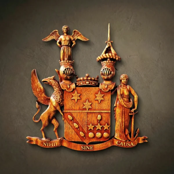 Custom hand-carved Iroko wood coat of arms with the motto "NIHIL SINE CAUSA". This elaborate bespoke heraldic relief features a divided shield with stars and acorns, supported by a winged griffin and a female figure with an anchor. The design includes two knight's helmets topped with an angel and a sword, and a central crown. Finished with natural wax to accentuate the complex textures and wood grain. A masterpiece of luxury family heraldry and bespoke wooden wall art.
