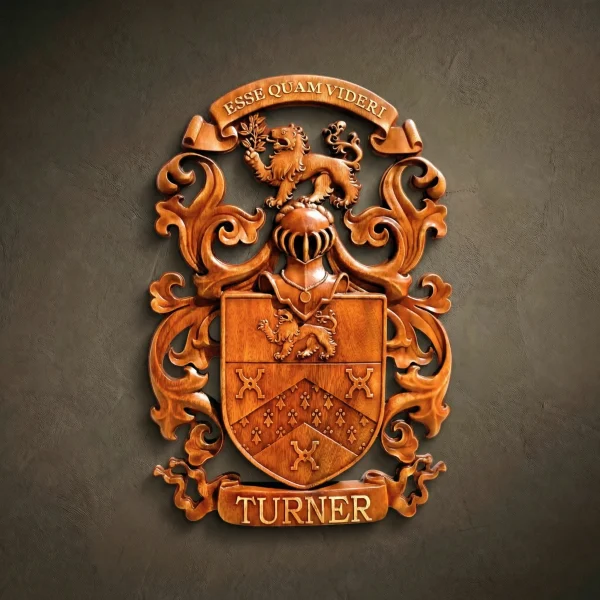 Custom hand-carved Iroko wood family crest for the name "TURNER". This bespoke heraldic relief features the motto "ESSE QUAM VIDERI" on a top scroll. The design includes a central shield with a lion passant and ermine pattern, topped with a knight's helmet and a lion holding a branch. Finished with natural wax to accentuate the premium wood grain. A masterpiece of personalized family heritage art and luxury custom wood carvings.