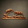Custom hand-carved Iroko wood relief sculpture of Mountain Rams fighting. This dynamic wildlife carving captures two bighorn rams clashing on a rugged, rocky cliffside. The muscular detail of the animals and the textured terrain are finished with natural oil to highlight the deep, warm wood grain. A premier example of bespoke hunting-themed art and custom-made predator wood carvings for rustic or lodge interiors.