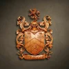 Custom hand-carved Iroko wood family crest for the name "GOLEMAN". This bespoke heraldic relief features a central shield with a chevron and three flower emblems, topped with a knight's helmet and a rampant lion crest. Surrounded by ornate, symmetrical acanthus leaf mantling and a name banner at the bottom. Finished with natural wax to accentuate the warm wood tones and intricate textures. A premier example of personalized family heritage art and luxury custom wood carvings.