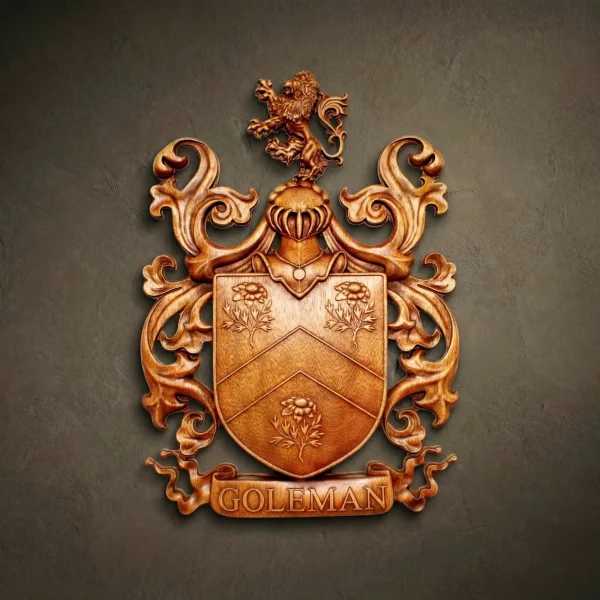 Custom hand-carved Iroko wood family crest for the name "GOLEMAN". This bespoke heraldic relief features a central shield with a chevron and three flower emblems, topped with a knight's helmet and a rampant lion crest. Surrounded by ornate, symmetrical acanthus leaf mantling and a name banner at the bottom. Finished with natural wax to accentuate the warm wood tones and intricate textures. A premier example of personalized family heritage art and luxury custom wood carvings.