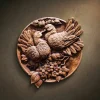Custom hand-carved Iroko wood round relief sculpture of two Doves (Pigeons) in a floral nest. This romantic wildlife carving captures a pair of birds with intricately detailed feathers, perched together amidst blooming flowers and lush leaves. The soft, rounded forms and delicate textures are finished with natural oil to highlight the rich, warm wood grain. A premier example of bespoke bird-themed wall art, wedding gift wood carvings, and symbolic nature decor.