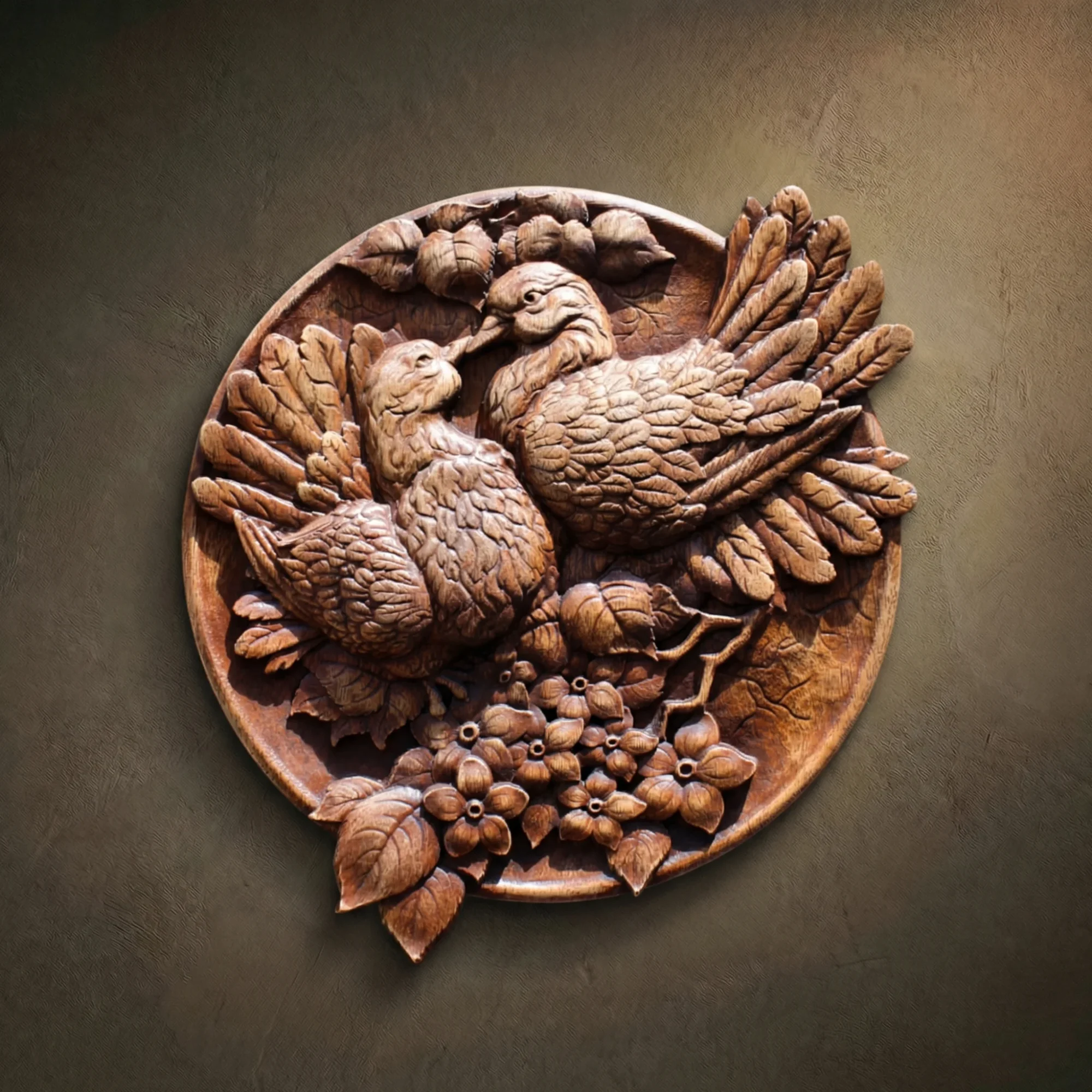 Custom hand-carved Iroko wood round relief sculpture of two Doves (Pigeons) in a floral nest. This romantic wildlife carving captures a pair of birds with intricately detailed feathers, perched together amidst blooming flowers and lush leaves. The soft, rounded forms and delicate textures are finished with natural oil to highlight the rich, warm wood grain. A premier example of bespoke bird-themed wall art, wedding gift wood carvings, and symbolic nature decor.