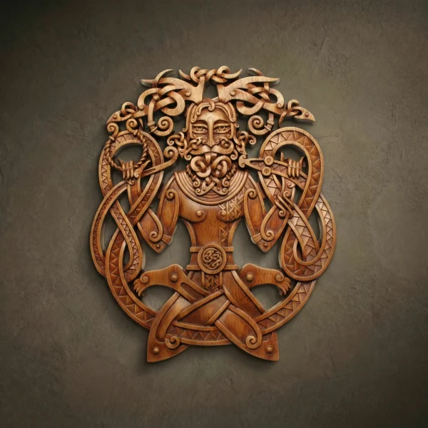 Solid Iroko wood carving of a Norse deity, intricate Viking-style wall plaque for collectors, museum-grade hardwood relief with interlaced dragon patterns and natural wax finish.