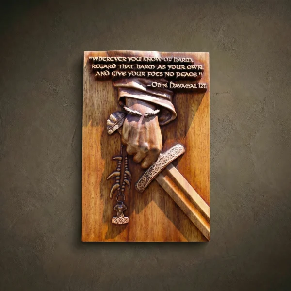 A rectangular wooden plaque featuring a hand holding a Viking sword and a Mjolnir pendant. Carved at the top is the quote: "Wherever you know of harm, regard that harm as your own and give your foes no peace. — Odin, Havamal 127." Crafted from light-grained wood with a detailed, high-relief finish.