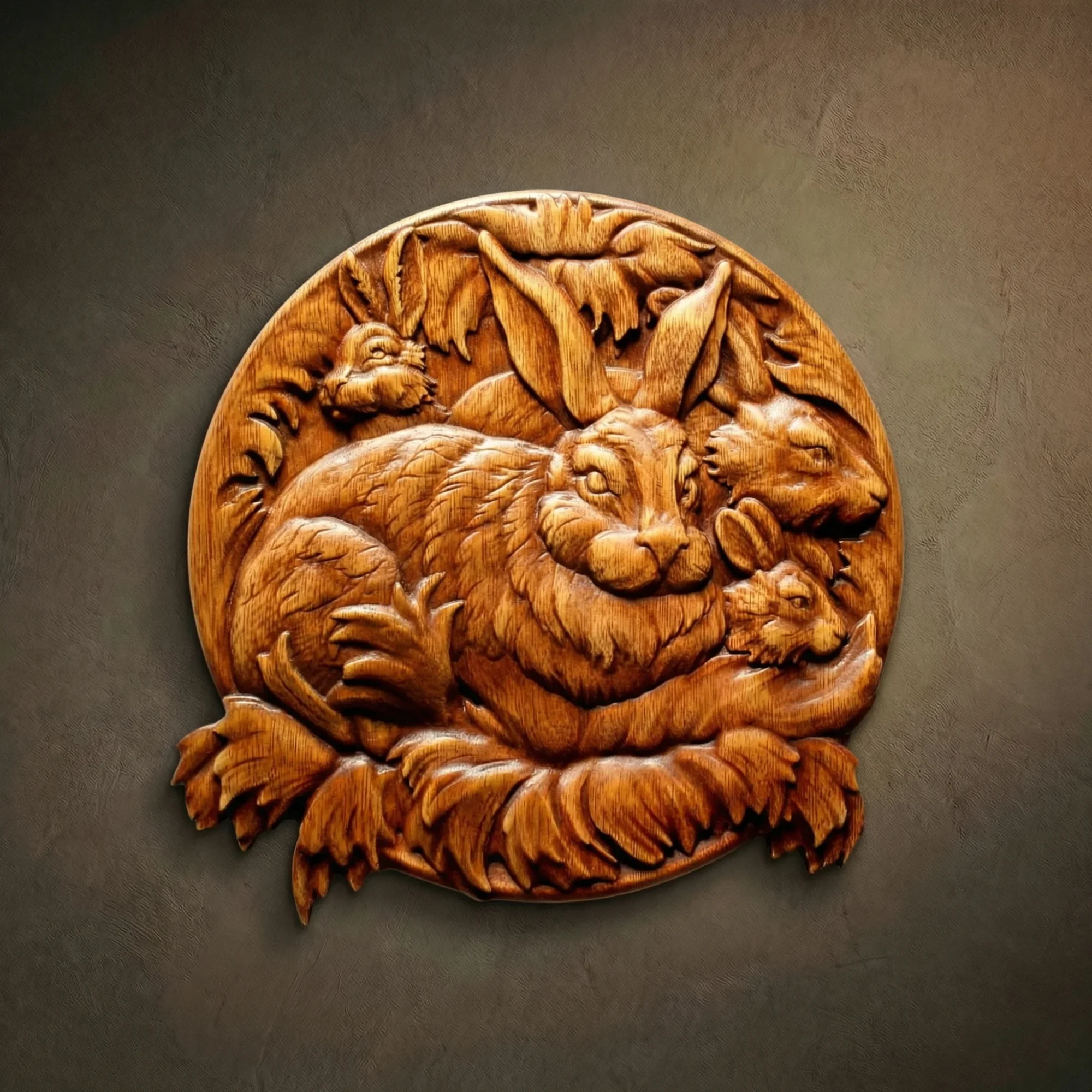 Custom hand-carved Iroko wood round relief sculpture of a Hare with leverets. This detailed wildlife carving features a large mother hare surrounded by her young, capturing realistic fur textures and long, expressive ears amidst forest foliage. Finished with natural oil to enhance the rich, warm wood grain. A beautiful example of bespoke animal-themed wall art and custom-made nature carvings available for commission.