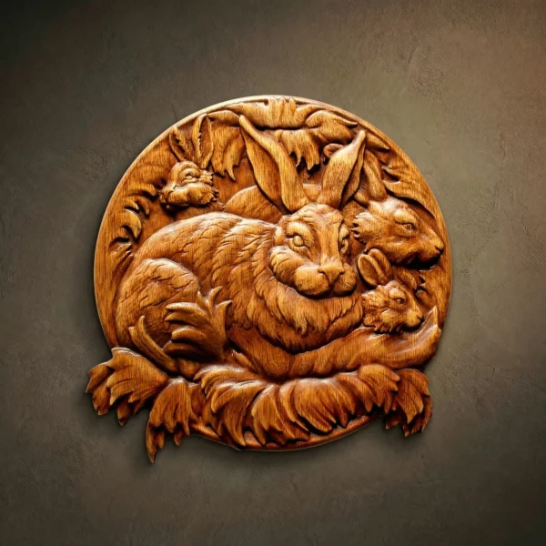 Custom hand-carved Iroko wood round relief sculpture of a Hare with leverets. This detailed wildlife carving features a large mother hare surrounded by her young, capturing realistic fur textures and long, expressive ears amidst forest foliage. Finished with natural oil to enhance the rich, warm wood grain. A beautiful example of bespoke animal-themed wall art and custom-made nature carvings available for commission.