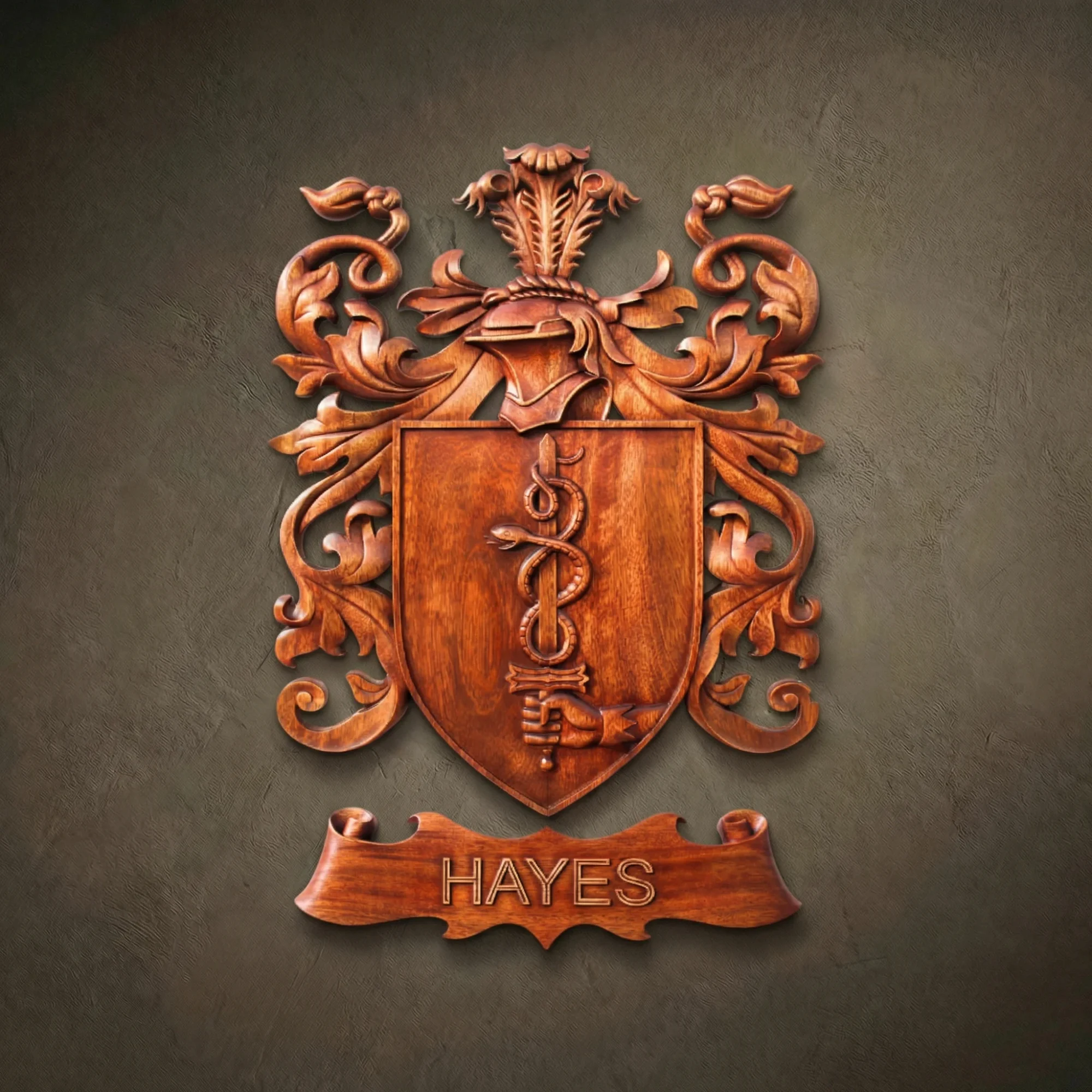 Custom hand-carved Iroko wood family crest for the name "HAYES". This bespoke heraldic relief features a central shield with a serpent coiled around a sword, topped with a knight's helmet and ornate acanthus leaf mantling. Finished with natural wax to enhance the premium wood grain. A fine example of personalized family heritage art and luxury custom wood carvings.