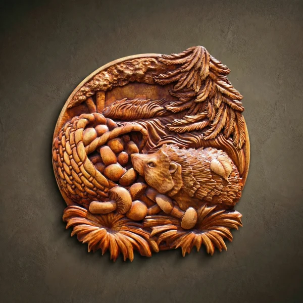 Custom hand-carved Iroko wood relief sculpture of a Hedgehog with a basket of mushrooms. This detailed autumn-themed carving features a hedgehog with realistic quills next to a woven basket overflowing with mushrooms, set against a forest backdrop with a textured pine tree. Finished with natural oil to enhance the warm wood grain. A perfect example of bespoke wildlife wall decor and custom-made forest animal carvings.