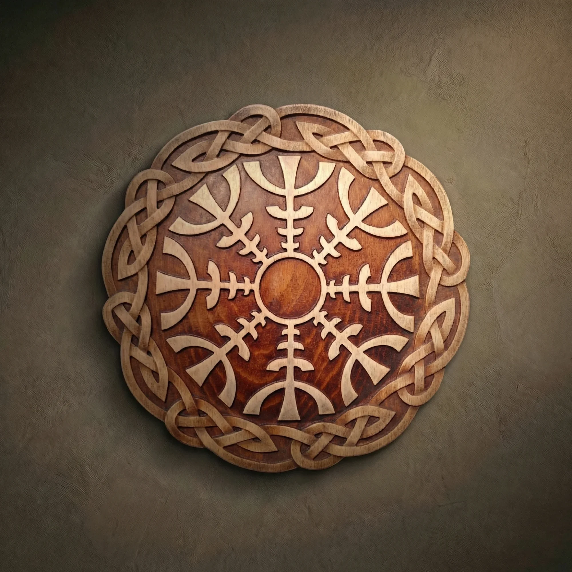 Premium artisan-carved Helm of Awe (Aegishjalmur) wood Carved Plaque featuring light-toned staves on a deep mahogany base. This handcrafted Norse protection symbol is framed by an intricate Celtic knotwork border, creating a luxury statement piece for Viking-themed home decor.