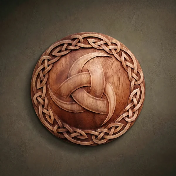 Premium hand-carved wooden triskele plaque with flowing spiral centers and intricate Celtic knotwork accents. Artisan-crafted wall art in a rich, polished finish, perfect for high-end Norse home decor and collectors.