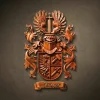 Custom hand-carved Iroko wood family crest for the name "Klinger". This bespoke heraldic relief features a divided shield with an eagle, a hammer, and a dagger. The crest is topped with a knight's helmet and a unique sword-between-wings ornament, surrounded by elegant acanthus leaf mantling. Finished with natural wax to highlight the premium wood grain. A masterpiece of personalized family heraldry and custom wooden legacy art.
