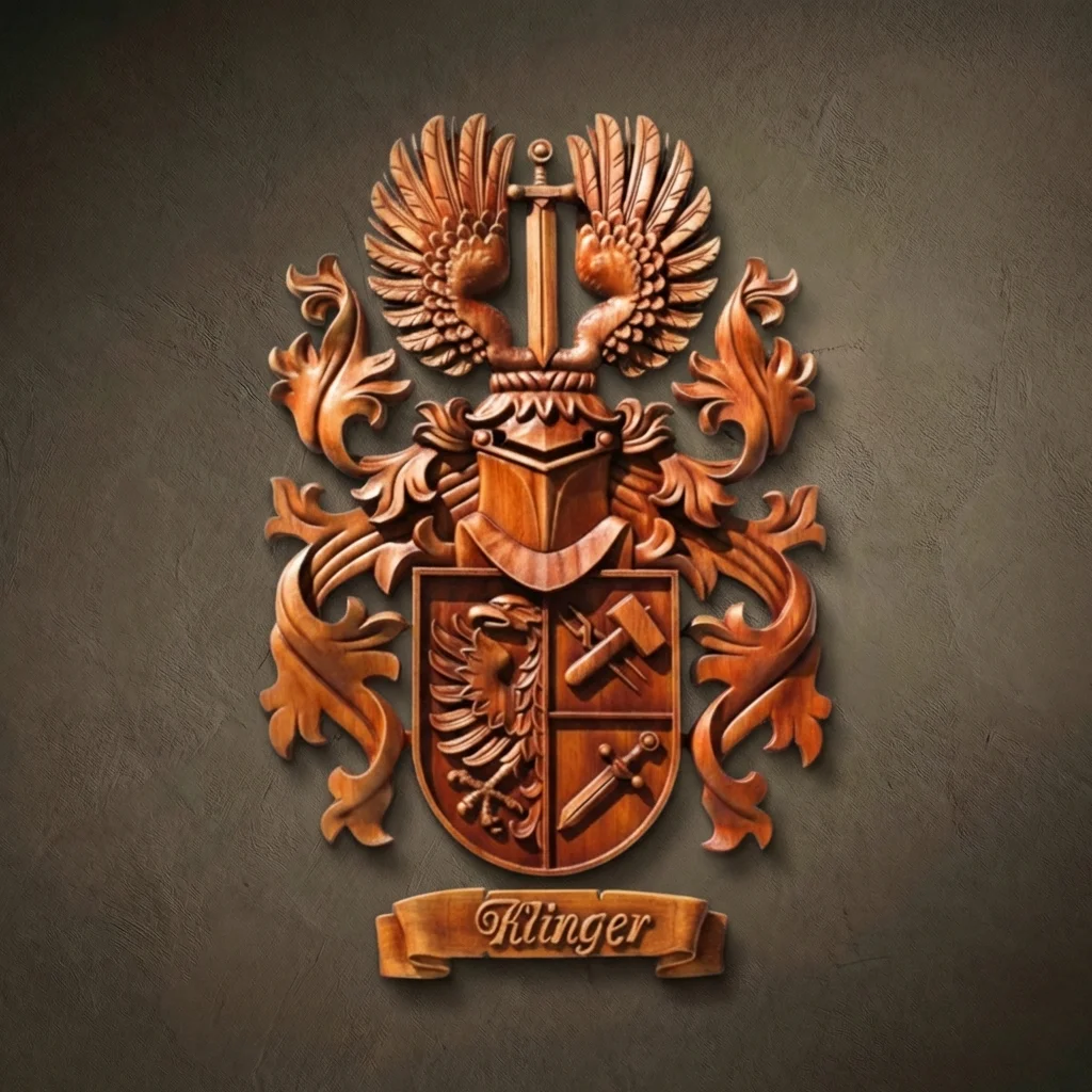 Custom hand-carved Iroko wood family crest for the name "Klinger". This bespoke heraldic relief features a divided shield with an eagle, a hammer, and a dagger. The crest is topped with a knight's helmet and a unique sword-between-wings ornament, surrounded by elegant acanthus leaf mantling. Finished with natural wax to highlight the premium wood grain. A masterpiece of personalized family heraldry and custom wooden legacy art.