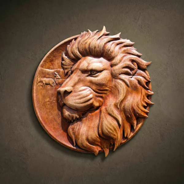Iroko Wood Lion Carving, Rustic Wildlife Wall Art