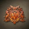 Custom hand-carved Iroko wood coat of arms for the name "Deedy". This complex heraldic relief features a central shield with crossed swords, a globe, and a lion, flanked by two rampant lions and topped with a majestic eagle. The design includes a circular Latin motto: "In Vita Optimum Ludum Consilium". Finished with natural wax to highlight the premium grain. A masterpiece of bespoke family heritage art and custom wooden heraldry.