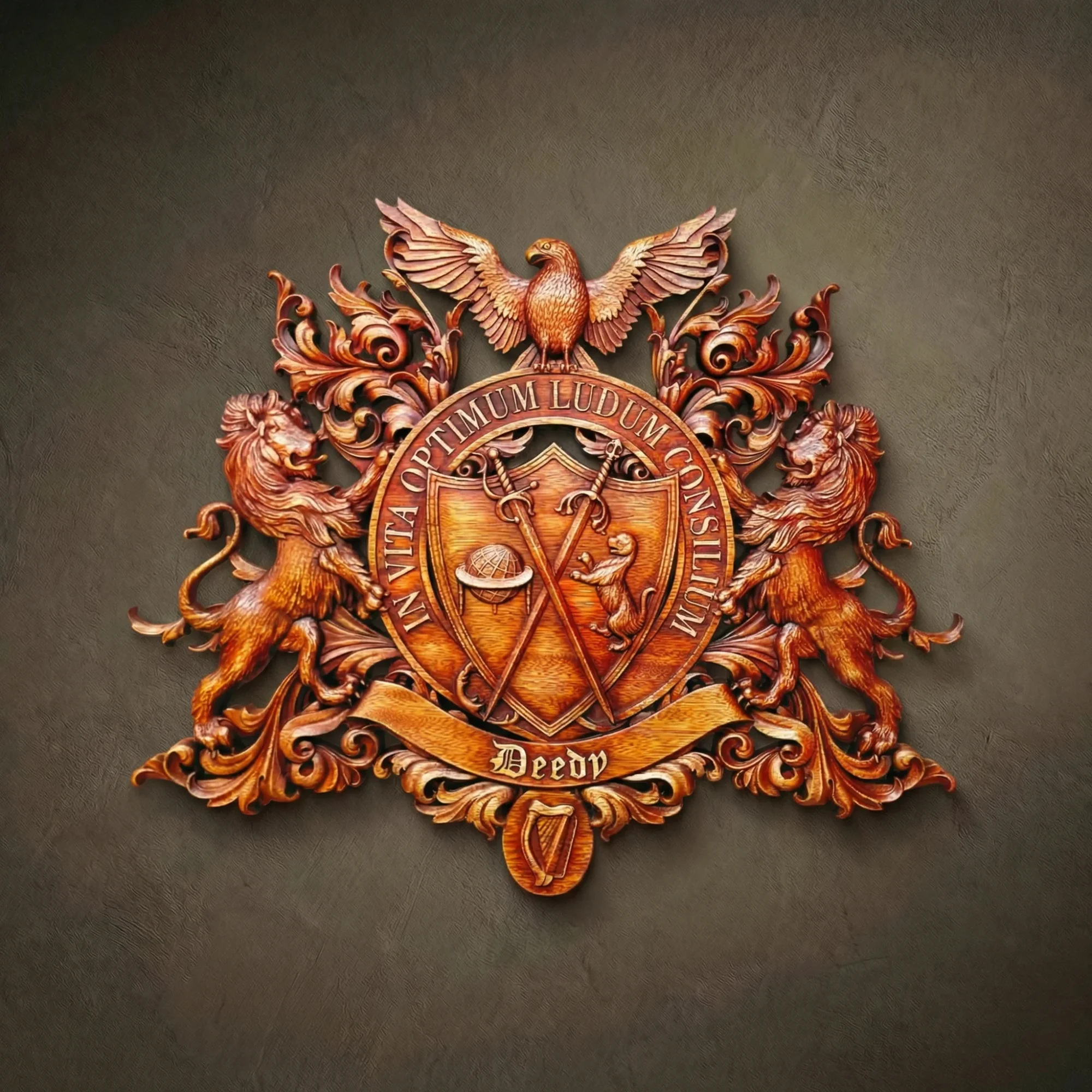 Custom hand-carved Iroko wood coat of arms for the name "Deedy". This complex heraldic relief features a central shield with crossed swords, a globe, and a lion, flanked by two rampant lions and topped with a majestic eagle. The design includes a circular Latin motto: "In Vita Optimum Ludum Consilium". Finished with natural wax to highlight the premium grain. A masterpiece of bespoke family heritage art and custom wooden heraldry.