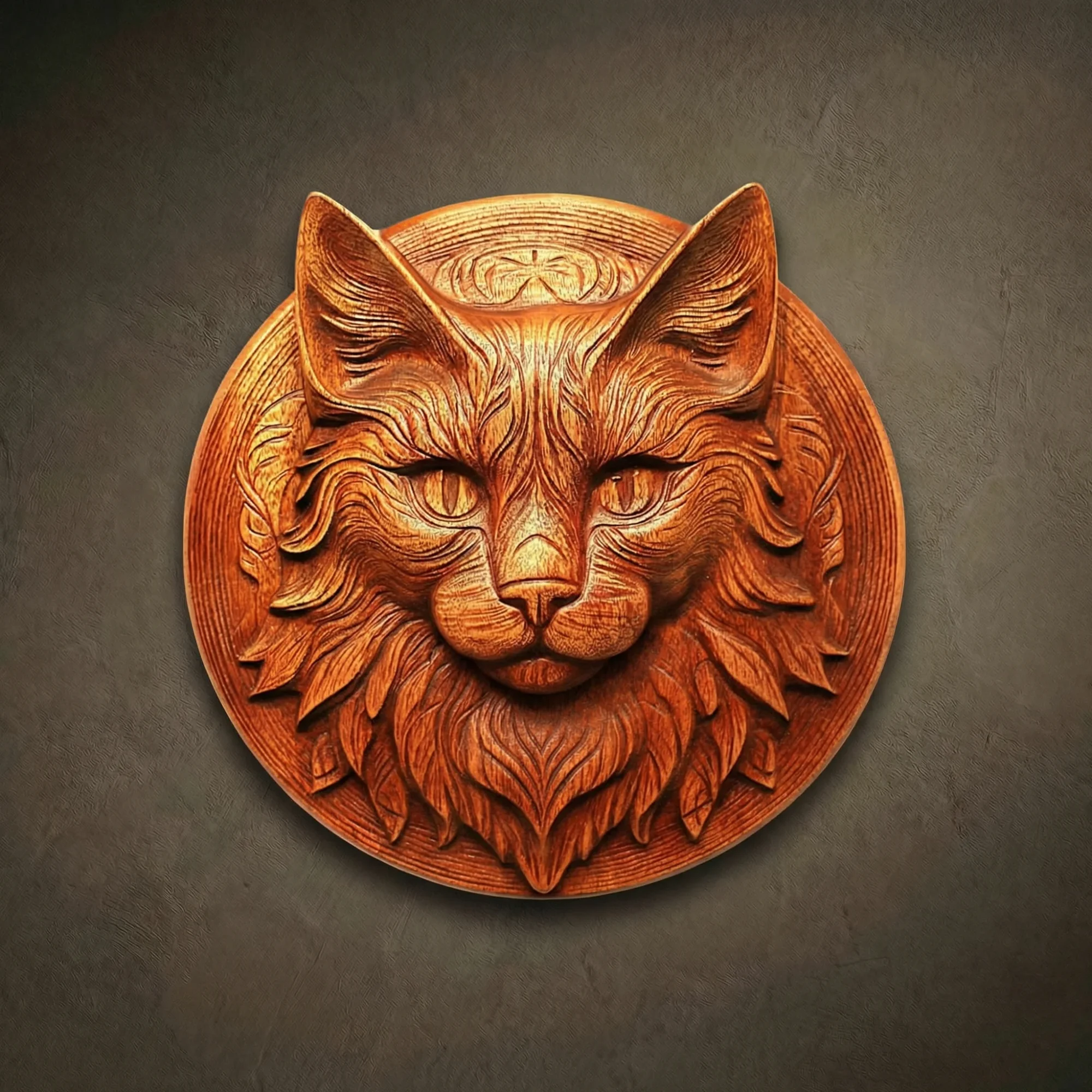 Custom hand-carved Iroko wood round relief sculpture of a long-haired Cat (Maine Coon style). This detailed pet-themed carving features a majestic cat's head with prominent tufted ears, expressive eyes, and a voluminous, flowing mane. The background features subtle circular grain patterns, all finished with natural oil to highlight the rich, warm wood grain. A premier example of bespoke pet portrait wall art and luxury feline wood carvings.