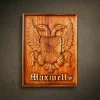 Custom hand-carved Iroko wood family plaque for the name "Maxwell's". This bespoke heraldic relief features a double-headed eagle holding a shield with a saltire cross. The rectangular panel includes Gothic-style lettering at the bottom. Finished with natural wax to highlight the premium wood grain. A high-end example of custom-made family legacy art and personalized wooden wall decor.
