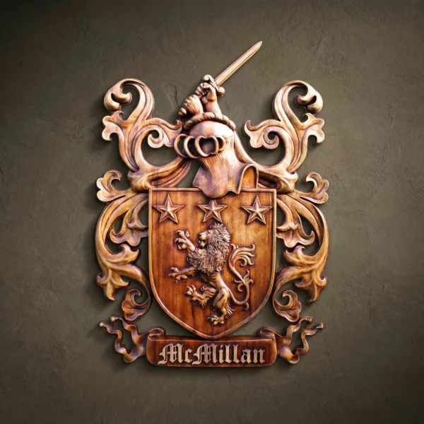 Custom hand-carved Iroko wood family crest for the name "McMillan". This bespoke heraldic relief features a central shield with a rampant lion and three stars, topped with a knight's helmet and a hand holding a sword. Surrounded by elegant acanthus leaf mantling and finished with natural wax to showcase the premium wood grain. A premier example of personalized family heritage art and luxury custom wood carvings.