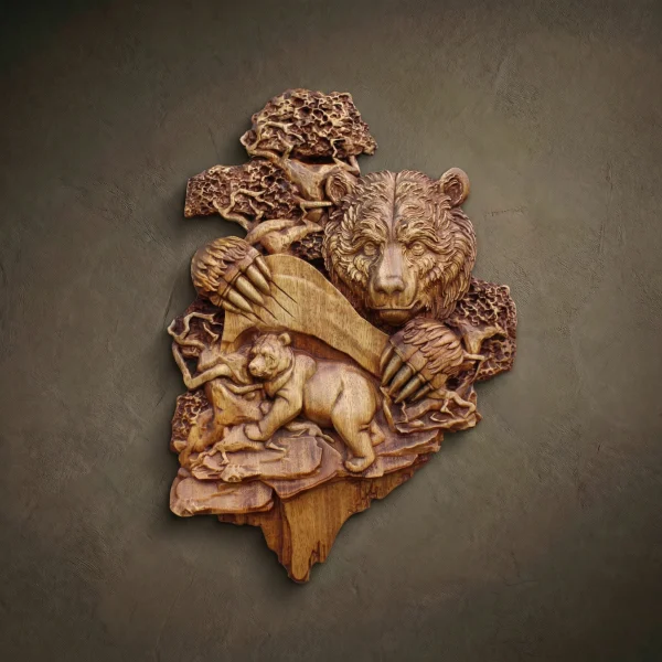 Hand Carved Iroko Wood Bear Wall Art, Rustic Home Decor