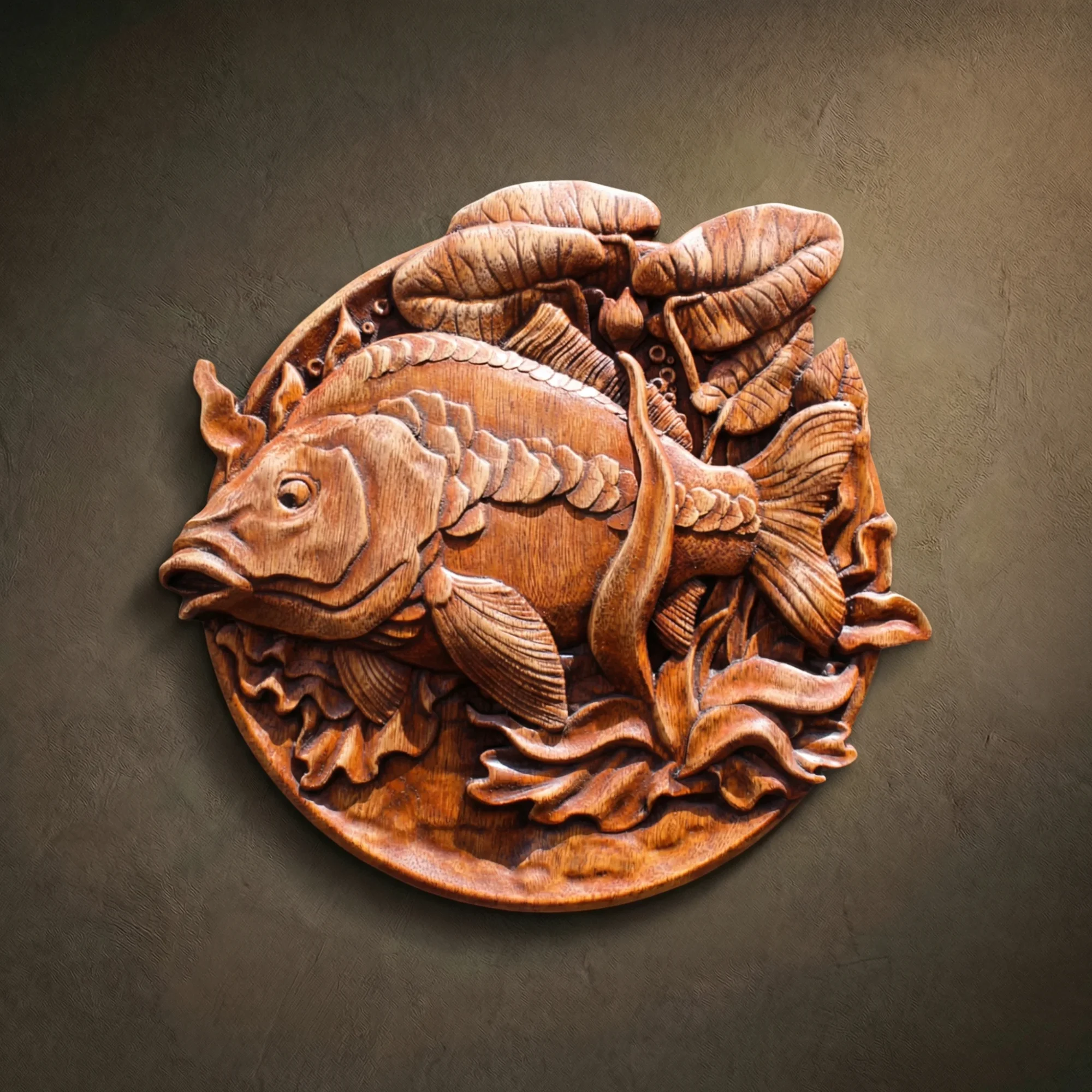 Custom hand-carved Iroko wood relief sculpture of a Carp fish swimming among water lilies. This detailed aquatic carving features realistic scales, fins, and flowing underwater plants, finished with natural oil to enhance the wood's organic texture. A premium example of bespoke wildlife art and custom-made fish carvings for collectors and nature lovers.