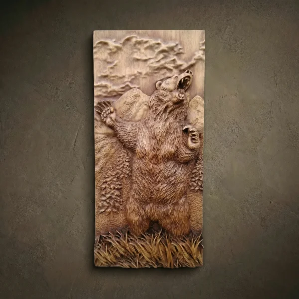 Custom hand-carved Iroko wood vertical relief sculpture of a roaring Grizzly Bear. This powerful wildlife carving captures a bear standing on its hind legs in a dominant pose, set against a scenic backdrop of mountains, pine forests, and dramatic clouds. The intricate detailing of the fur and landscape is finished with natural oil to highlight the rich, warm wood grain. A premier example of bespoke bear-themed wall art and luxury hunting room decor.