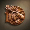 Hand-carved Iroko wood relief sculpture of a Moose head with large, detailed antlers. The carving features realistic fur textures and a profile view of the moose set against a forest-inspired background, finished with natural oil to highlight the rich, warm wood grain. Rustic wildlife wall art.