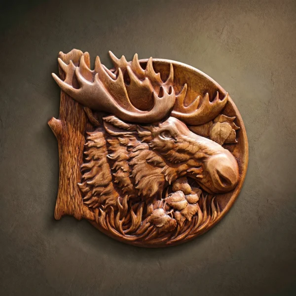 Hand-carved Iroko wood relief sculpture of a Moose head with large, detailed antlers. The carving features realistic fur textures and a profile view of the moose set against a forest-inspired background, finished with natural oil to highlight the rich, warm wood grain. Rustic wildlife wall art.