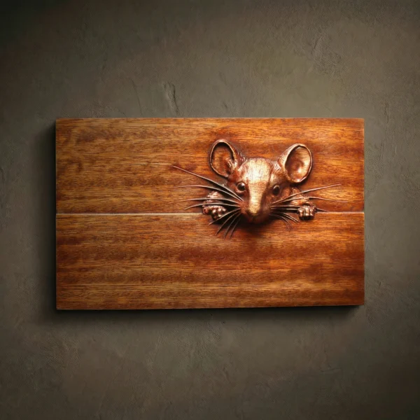 Custom hand-carved Iroko wood relief sculpture of a curious field mouse. This charming wildlife carving features a small mouse peeking out from a wooden surface, with meticulously carved long whiskers, round ears, and tiny paws. Finished with natural oil to highlight the rich, warm wood grain. A unique example of bespoke animal-themed wall art and custom-made nature wood carvings for a cozy interior.