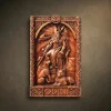 Majestic Iroko wood carving of Odin the Allfather seated on his throne, Hlidskjalf. Detailed Norse wall art featuring Odin with his spear Gungnir, his two ravens (Huginn and Muninn), and his two wolves (Geri and Freki). Framed in an arched knotwork border with a Valknut symbol and runic "ODIN" inscription at the base.