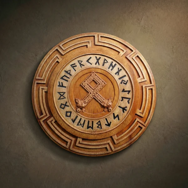 Hand-carved Iroko wood Odal rune plaque with Elder Futhark alphabet. Traditional Norse mythology wall art featuring Othala symbol, solid hardwood construction with detailed grain and natural wax finish for home office decor.