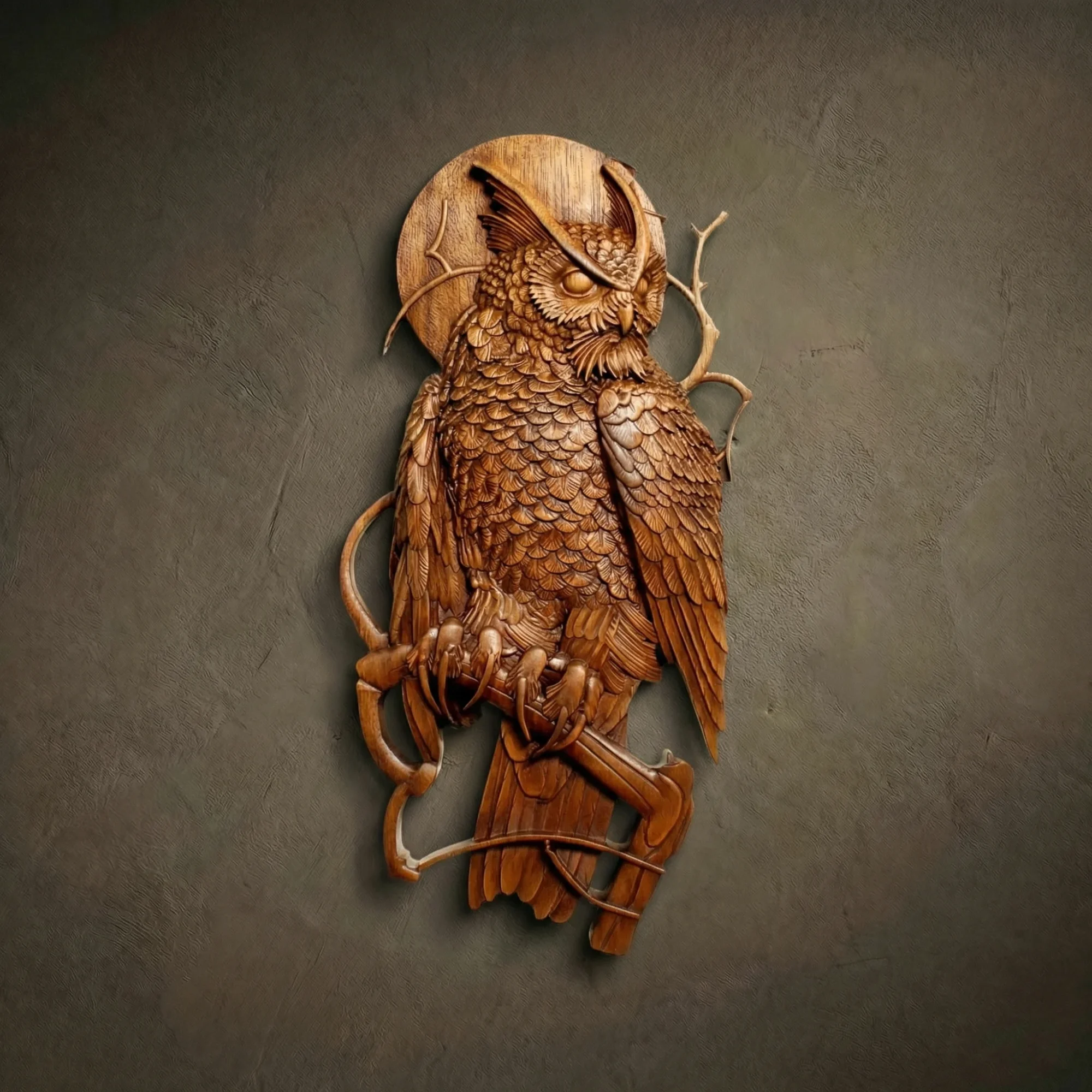 Custom hand-carved Iroko wood sculpture of a Great Horned Owl. This exquisite vertical wildlife carving features a majestic owl perched on a gnarled branch, with a full moon rising in the background. Every feather is rendered with extraordinary detail, and the piece is finished with natural oil to enhance the rich, deep tones of the wood. A premier example of bespoke owl-themed wall art and luxury wildlife wood carvings.