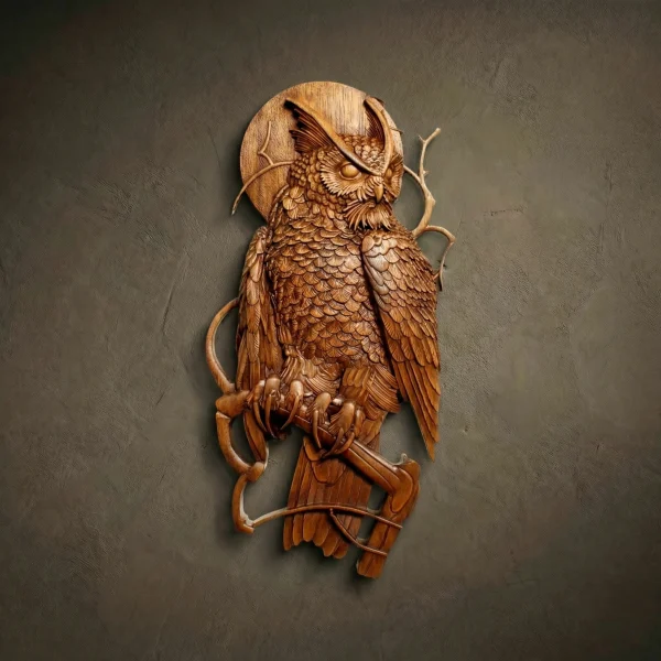 Custom hand-carved Iroko wood sculpture of a Great Horned Owl. This exquisite vertical wildlife carving features a majestic owl perched on a gnarled branch, with a full moon rising in the background. Every feather is rendered with extraordinary detail, and the piece is finished with natural oil to enhance the rich, deep tones of the wood. A premier example of bespoke owl-themed wall art and luxury wildlife wood carvings.