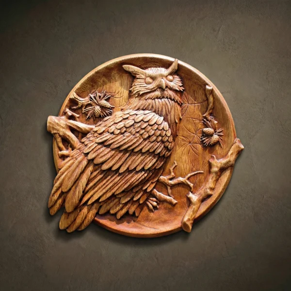 Iroko Wood Carving: Owl Wall Art, Rustic Home Decor