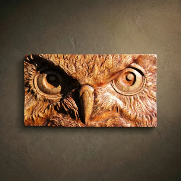 Iroko Wood Carving, Owl Portrait, Wildlife Wall Art