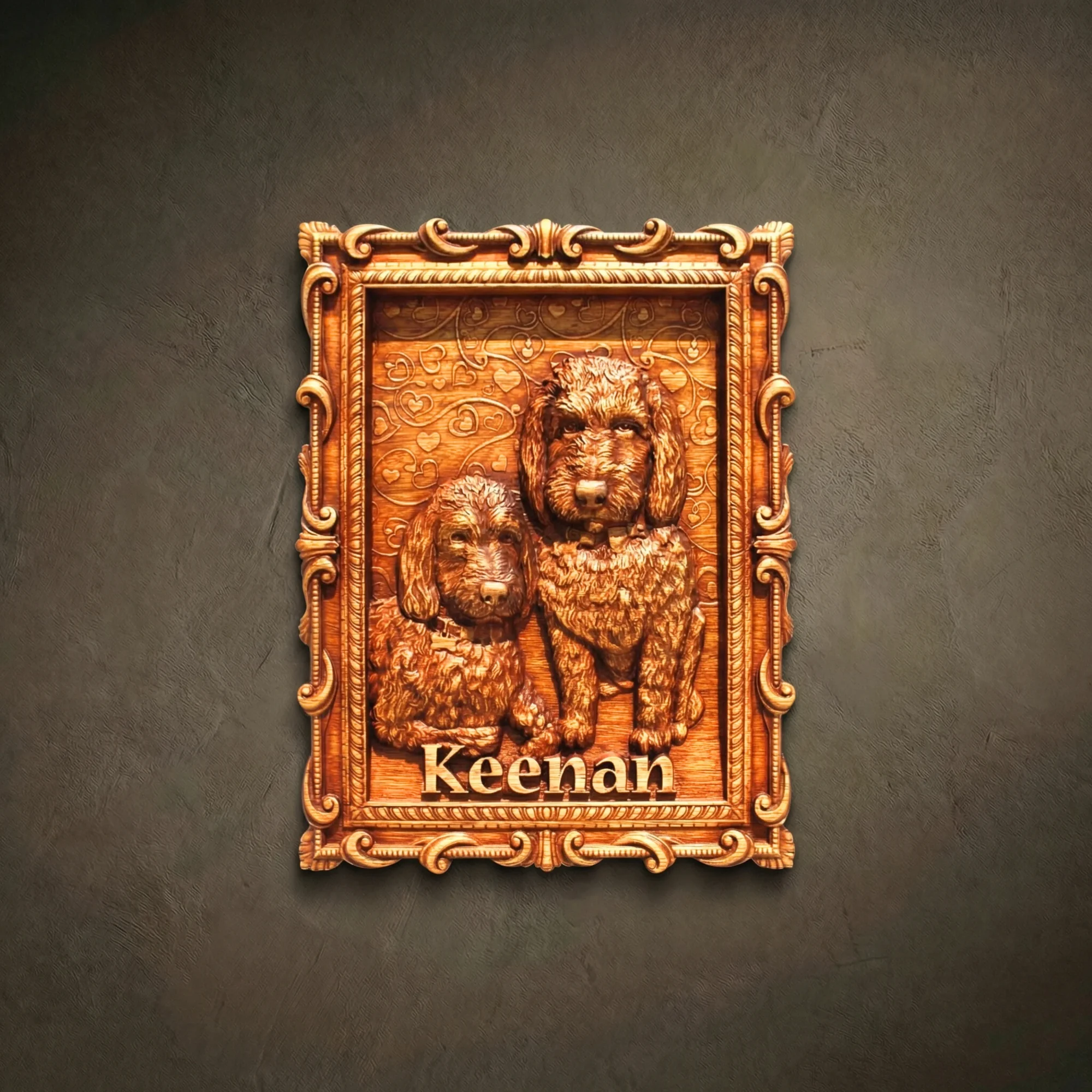 Custom wood carving of two Poodles Iroko wood 3D pet relief in an ornate vertical frame. Personalized dog portrait titled "Keenan" with heart-pattern background, handcrafted memorial gift.