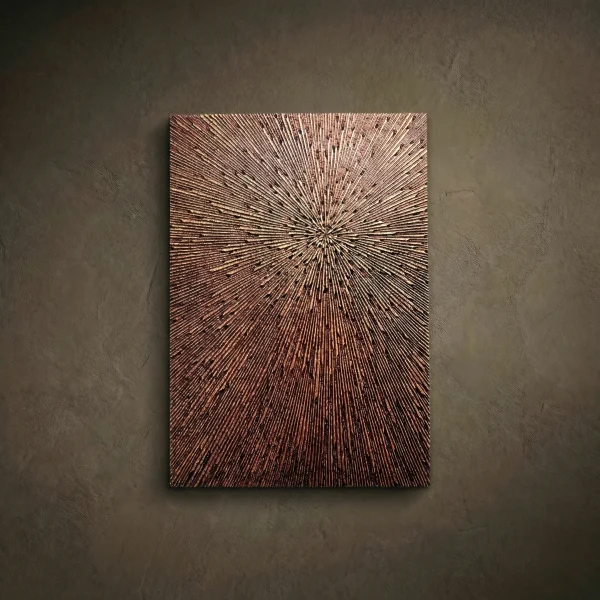 Radiant Cosmos contemporary wood carving, Iroko wood 3D relief with intense radiating sunburst lines from a central point. Handcrafted celestial-style wood wall art.