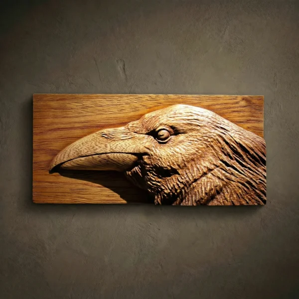 Custom hand-carved Iroko wood relief sculpture of a Raven's head. This detailed wildlife carving captures the intelligent expression and layered feather textures of the raven in profile, finished with natural oil to highlight the deep, warm wood grain. A striking example of bespoke bird-themed wall art and custom-made animal carvings available for order.