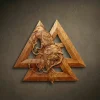 Hand-carved wood relief featuring the Valknut symbol overlaid with two ravens on a branch, created from solid Jatoba wood by Oleg Krotko at his Forged in Wood studio. The composition showcases the three interlocking triangles of the Valknut with a sharp, geometric finish, contrasted by the organic, detailed carving of the ravens' feathers and gnarled wood. A professional wood sculpture for interior wall decor, suited for practitioners of Norse traditions and collectors of symbolic Viking art.