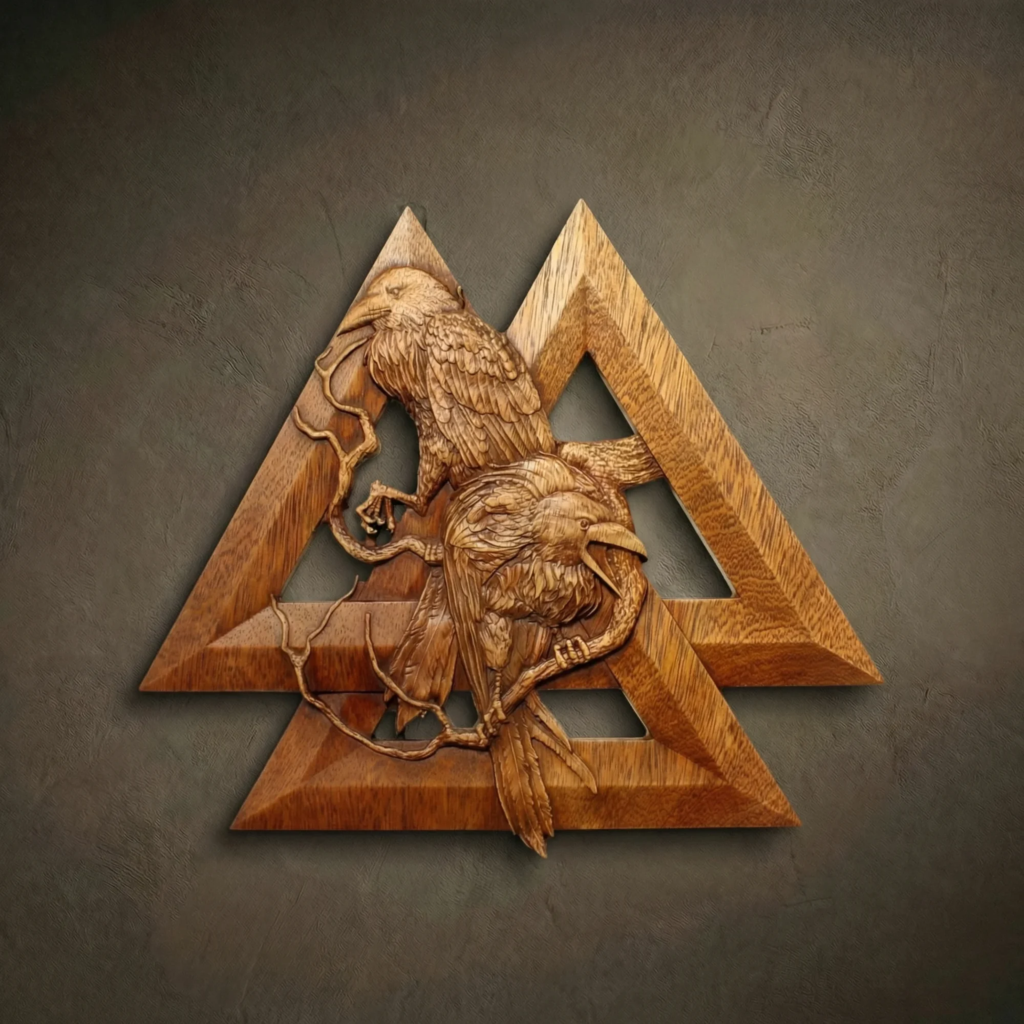 Hand-carved wood relief featuring the Valknut symbol overlaid with two ravens on a branch, created from solid Jatoba wood by Oleg Krotko at his Forged in Wood studio. The composition showcases the three interlocking triangles of the Valknut with a sharp, geometric finish, contrasted by the organic, detailed carving of the ravens' feathers and gnarled wood. A professional wood sculpture for interior wall decor, suited for practitioners of Norse traditions and collectors of symbolic Viking art.