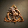 Masterpiece wood carving of Odin's ravens, Hugin and Munin, perched upon a sacred Valknut (magic knot) frame, hand-sculpted from premium Jatoba wood by master Oleg Krotko at his Forged in Wood studio. This artisan relief features incredibly lifelike feather textures, sharp talons, and a dynamic composition where the birds interact with a central triangular knot. A luxury piece of Norse mythology wall art, perfect for executive offices, high-end rustic libraries, or as a powerful symbolic gift for Viking history enthusiasts.